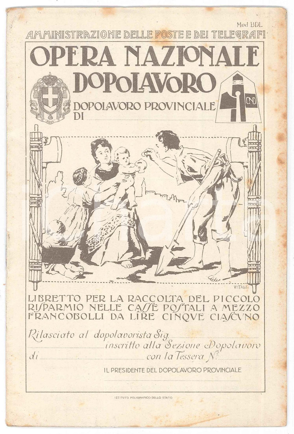 Documento originale, autentico 1935 ca OND  Poste e Telegrafi  Libretto piccolo risparmio Non compilato 1