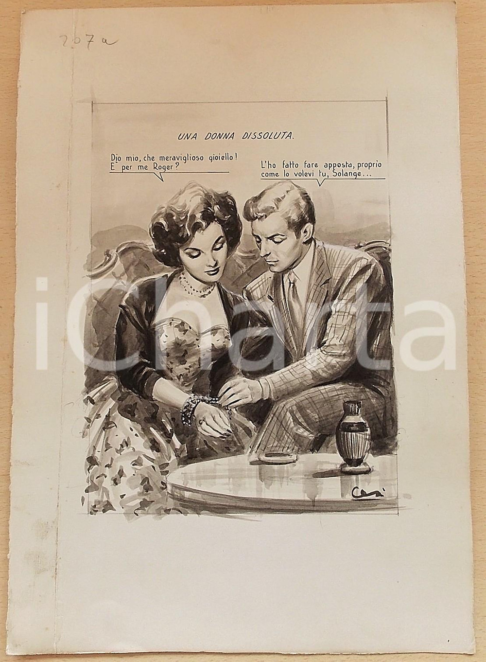 1955 ca BOZZETTO ORIGINALE Donna dissoluta riceve gioiello in regalo *Ill. CESI