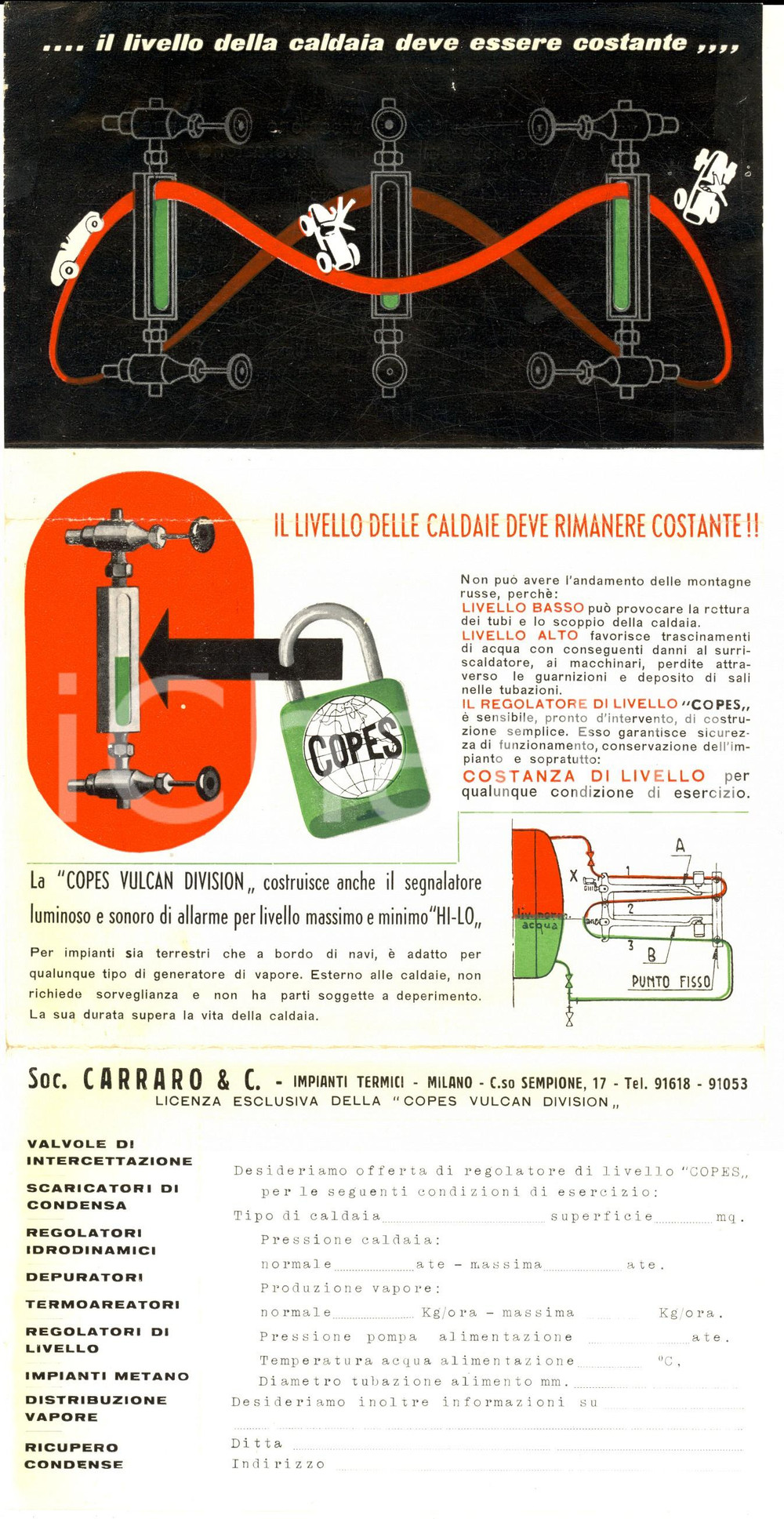 Materiale pubblicitario d’epoca 1950 MILANO Ditta CARRARO Segnalatore caldaie COPES VULCAN DIVISION Volantino 1