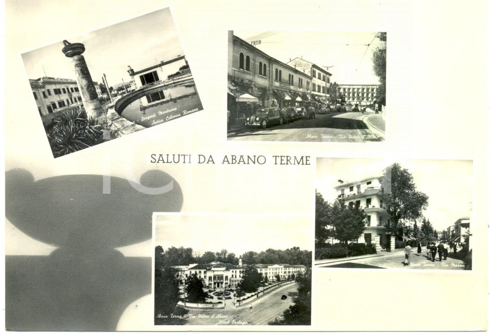 Cartolina originale da collezione 1959 ABANO TERME PD Vedutine Via PIETRO D ABANO Hotel OROLOGIO ANIMATA FG VG 1