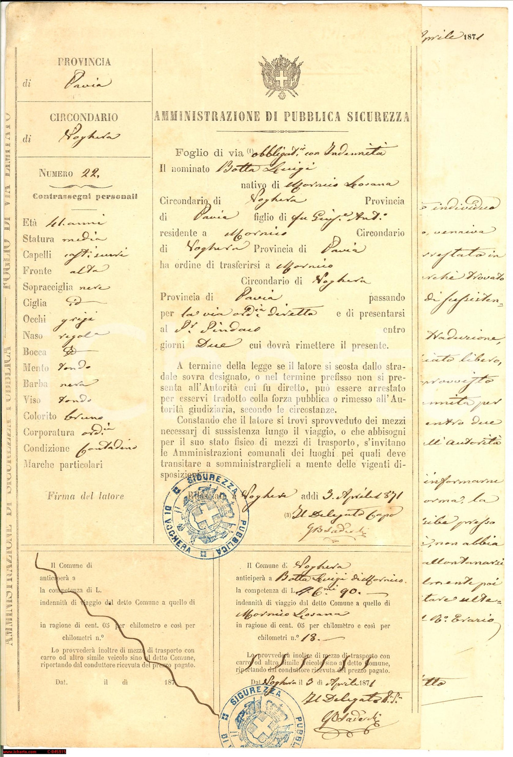 Documento originale, autentico 1871 MORNICO LOSANA Luigi BOTTA vagabondo arrestato 1