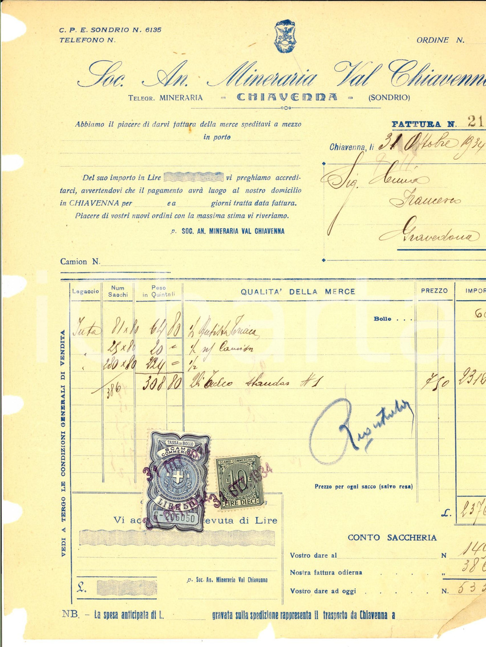 Documento originale, autentico 1934 CHIAVENNA SO Soc. An. Mineraria VAL CHIAVENNA Fattura intestata 1