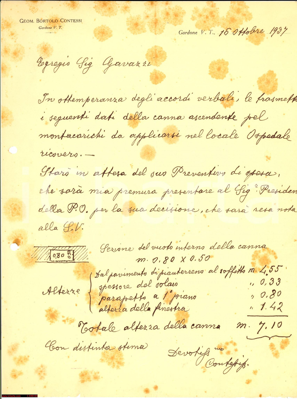 Manoscritto, lettera originale 1832 GARDONE VAL TROMPIA (BS) Montacarichi CONTESSI 1