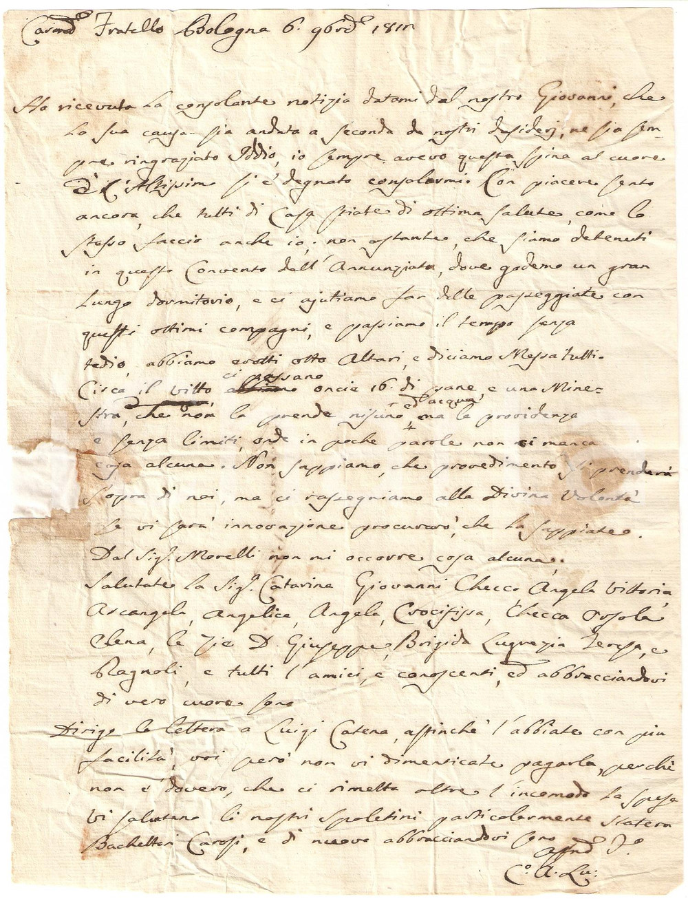 Manoscritto, lettera originale 1818 BOLOGNA Conte LUPARINI detenuto al Convento dell'Annunziata *Lettera 1