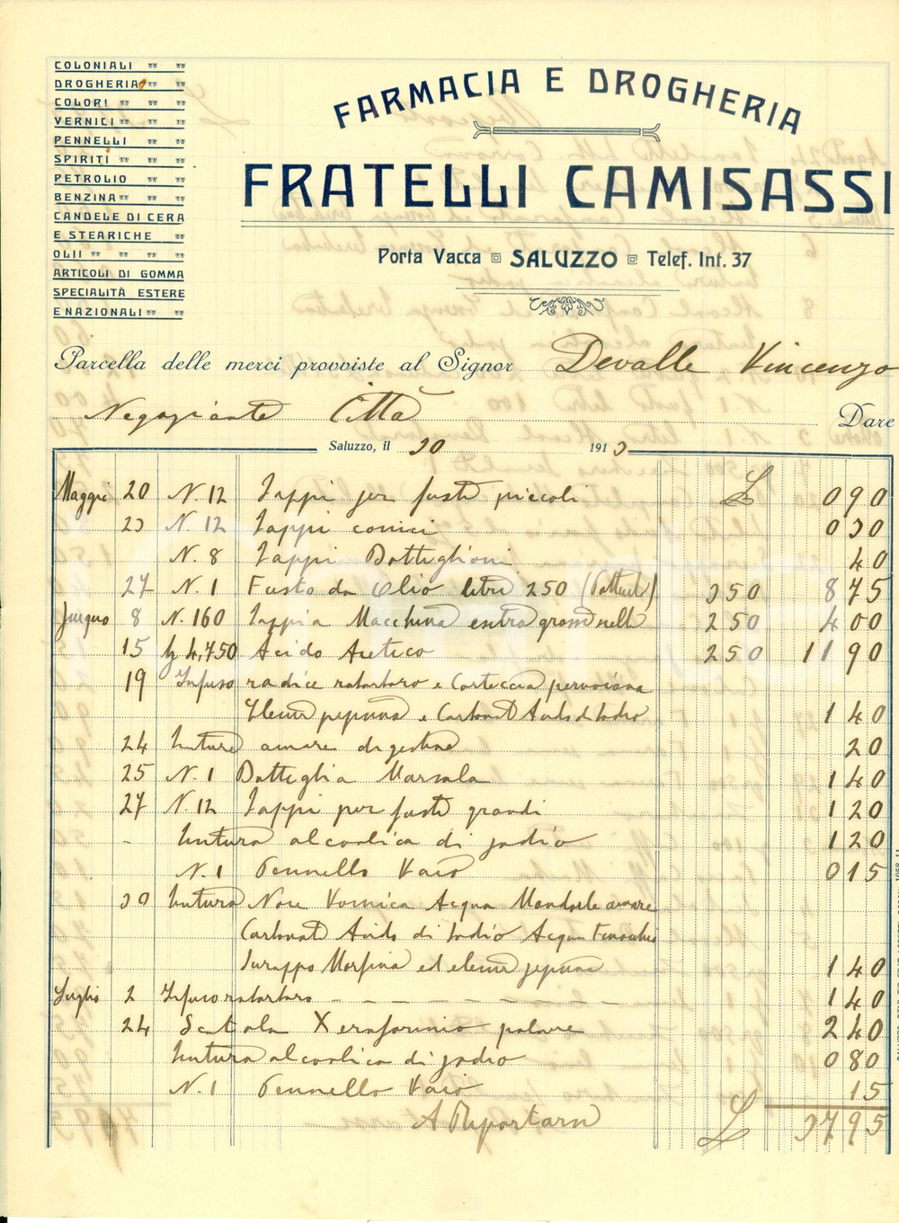 Documento originale, autentico 1913 SALUZZO CN Farmacia drogheria Fratelli CAMISASSI  Fattura 4 pagine 1