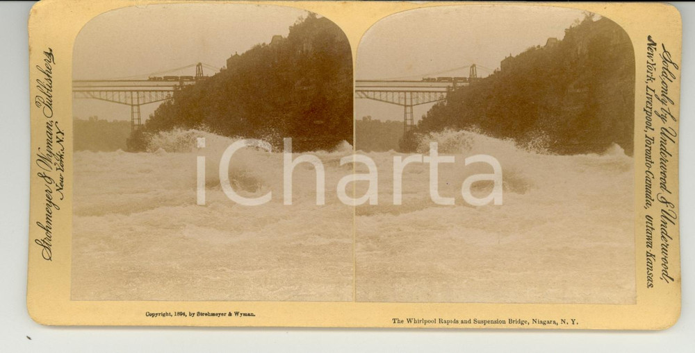 Fotografia d epoca originale 1894 NIAGARA FALLS USA Suspension bridge RAILWAY Stereoscopy 1