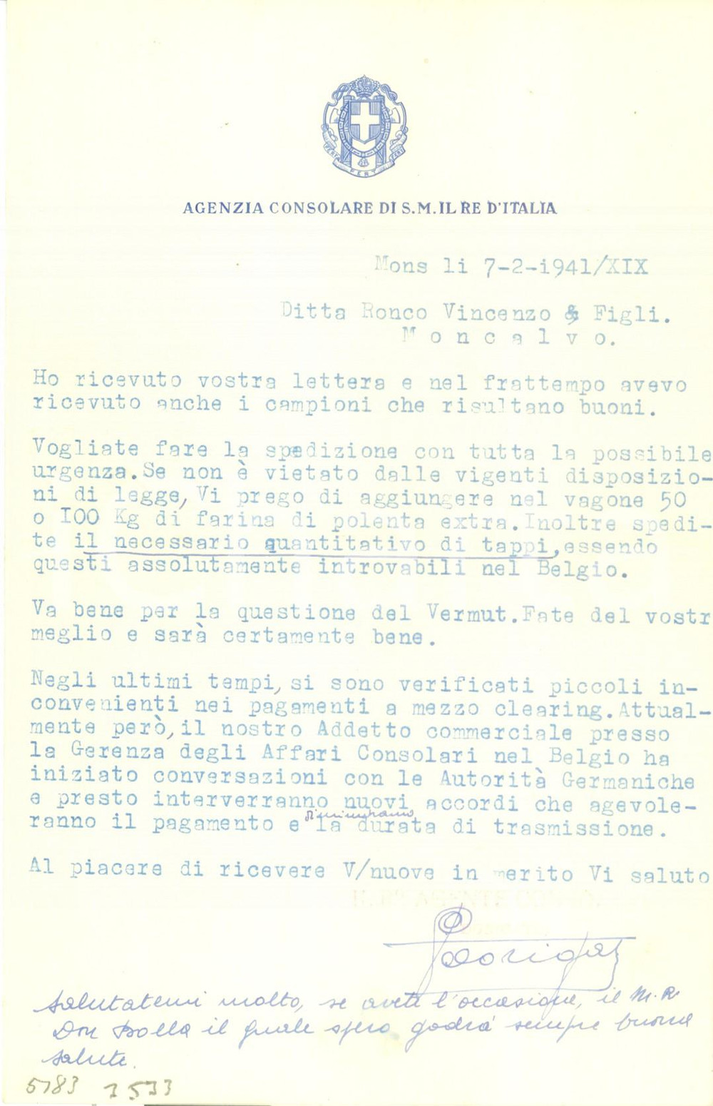 Documento originale, autentico 1941 MONS BELGIO Agenzia Consolare Italiana ordina tappi per vino e polenta 1