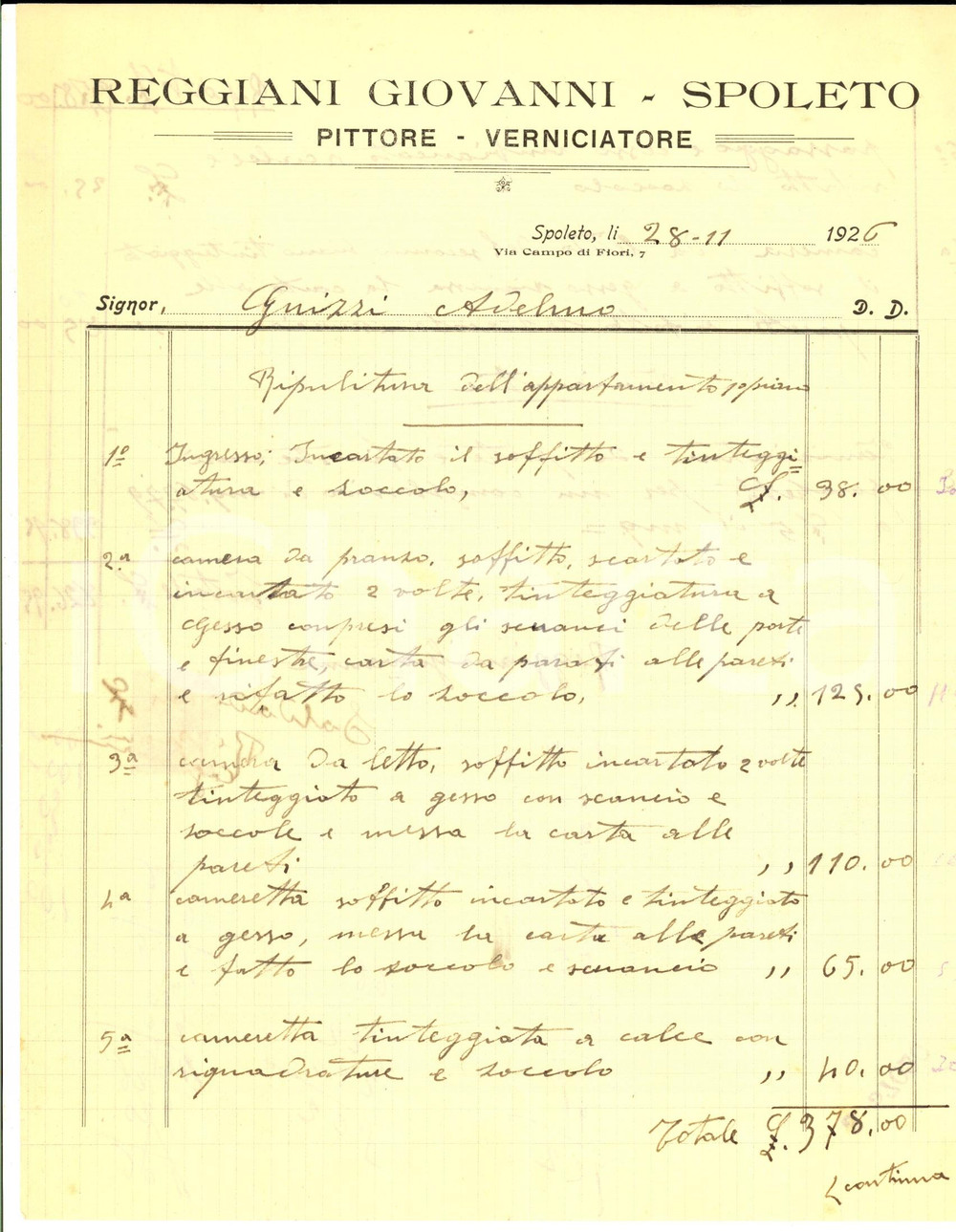 Documento originale, autentico 1926 SPOLETO PG Giovanni REGGIANI pittore e verniciatore Fattura intestata 1