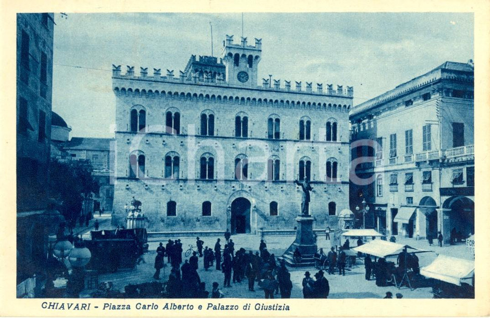 Cartolina originale da collezione 1932 CHIAVARI GE Piazza CARLO ALBERTO e il Palazzo di Giustizia Animata FP VG 1