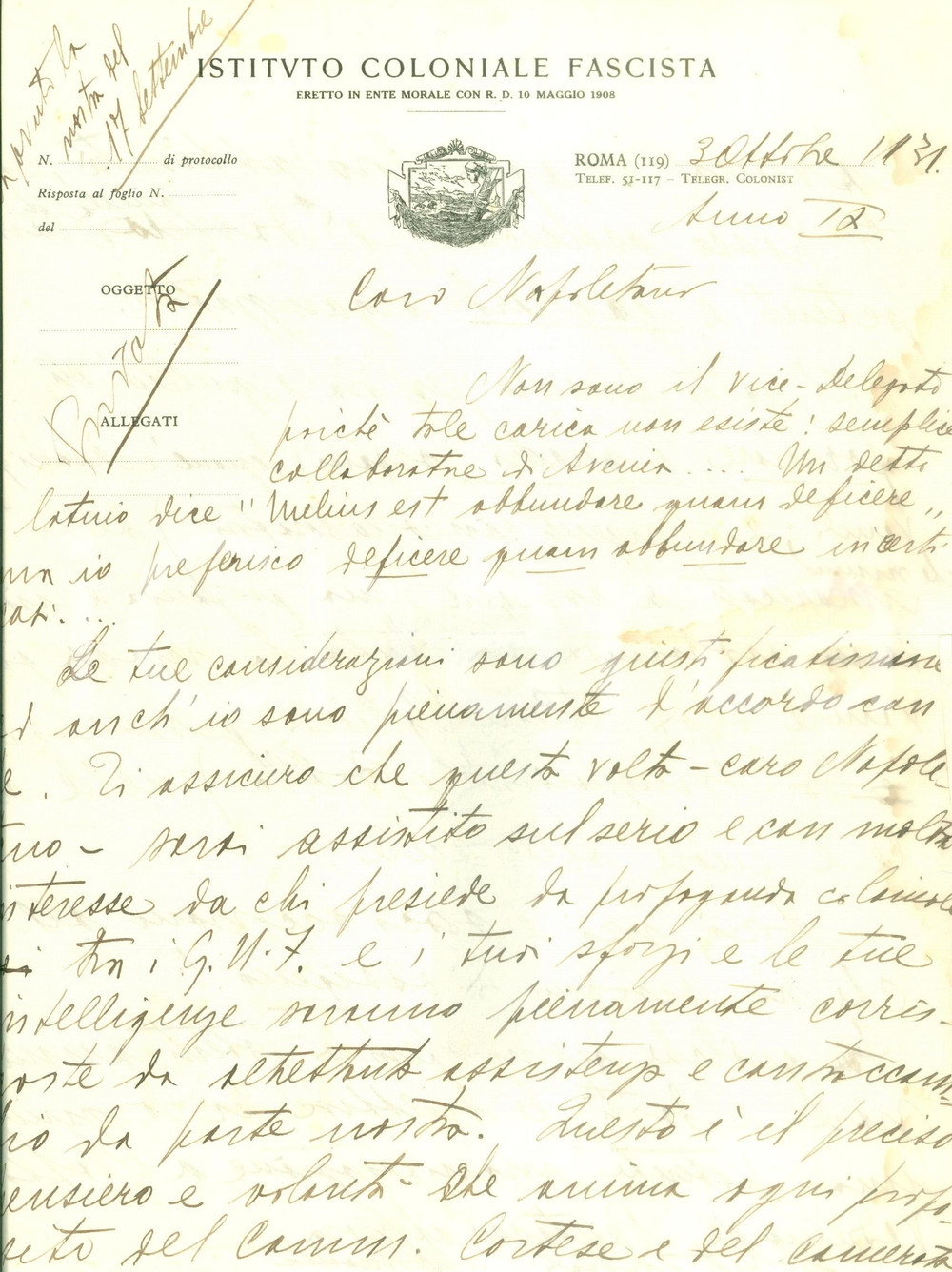 Documento originale, autentico 1931 ROMA ISTITUTO COLONIALE FASCISTA Lettera DEL MONTE su formazione quadri 1