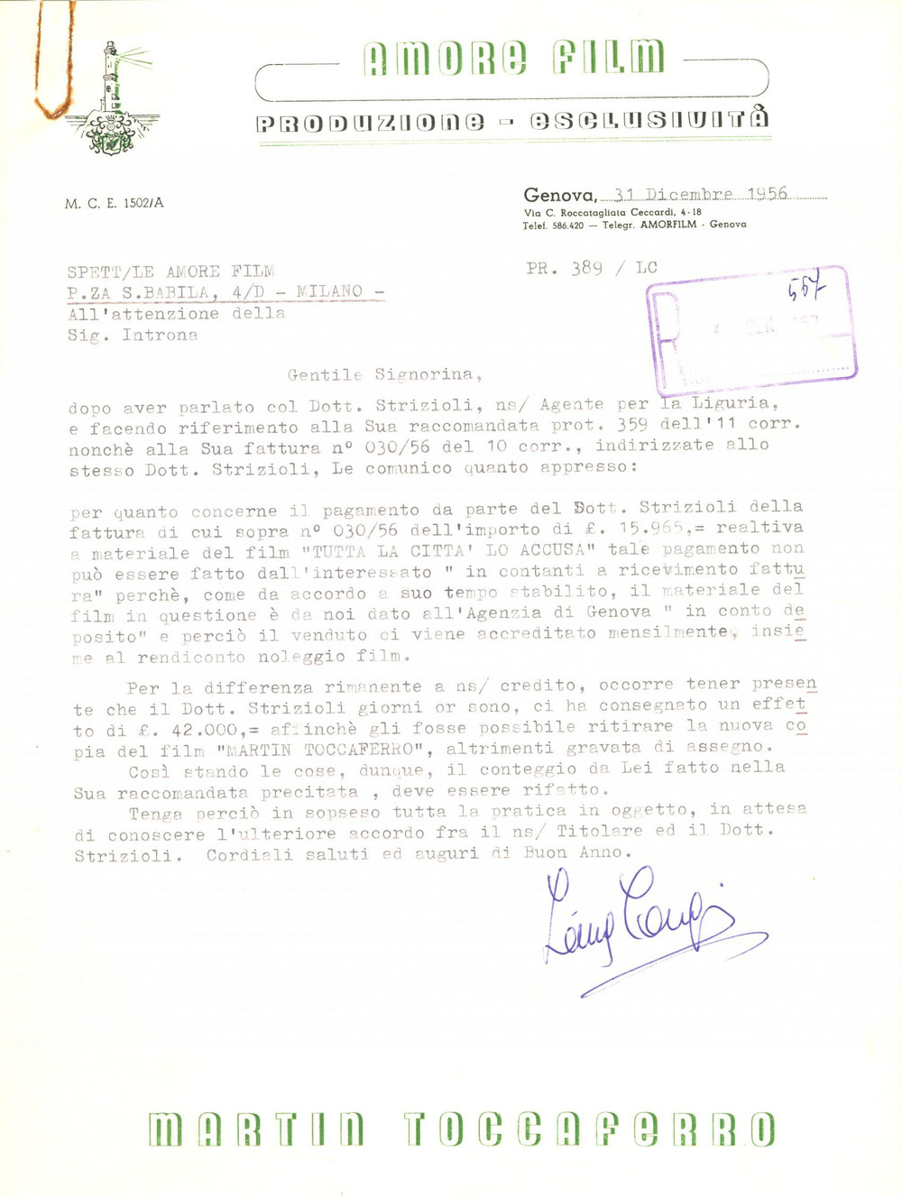 Manoscritto, lettera originale 1956 GENOVA AMORE FILM su pagamento di 'Tutta la città lo accusa' *Lettera 1
