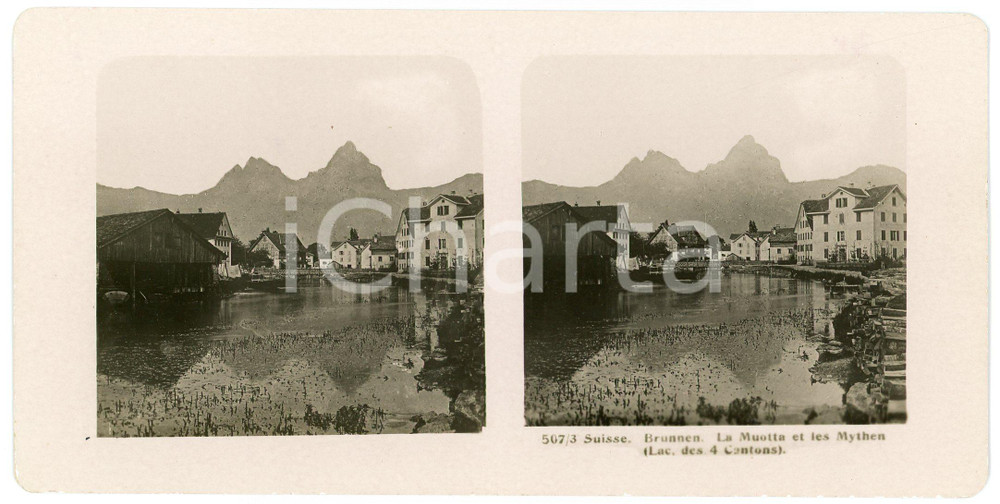 1910 ca FLUELEN (SUISSE) La Muotta et les Mythen (Lac 4 Cantons) Stereoview  Fotografia stereoscopica d'epoca.CONDIZIONI: G     originale e autentica 1