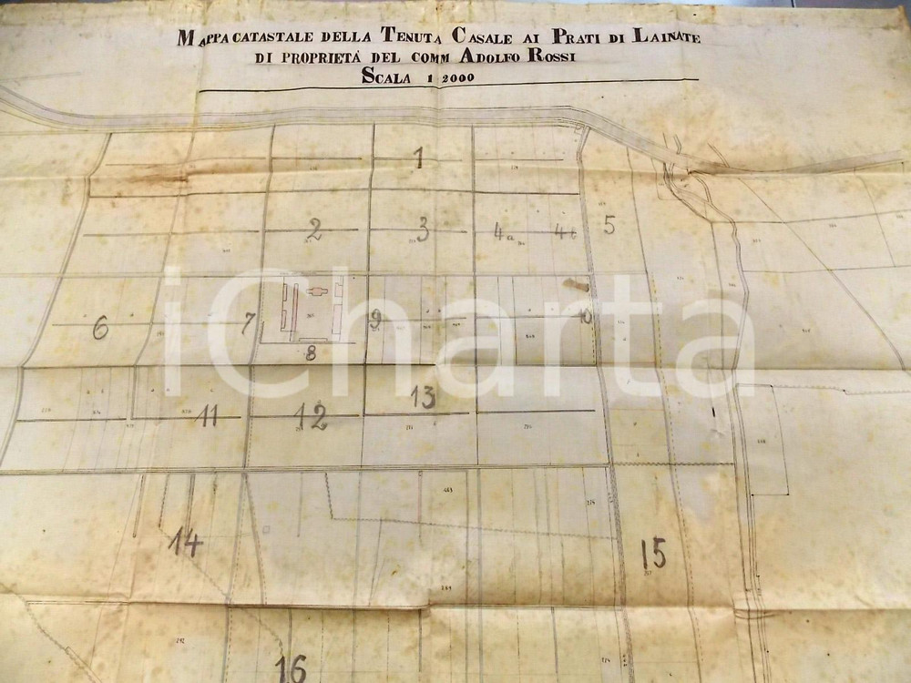 Stampa, bozzetto originale 1930 ca LAINATE Planimetria Cascina CASALE ai Prati del comm. Adolfo ROSSI 1
