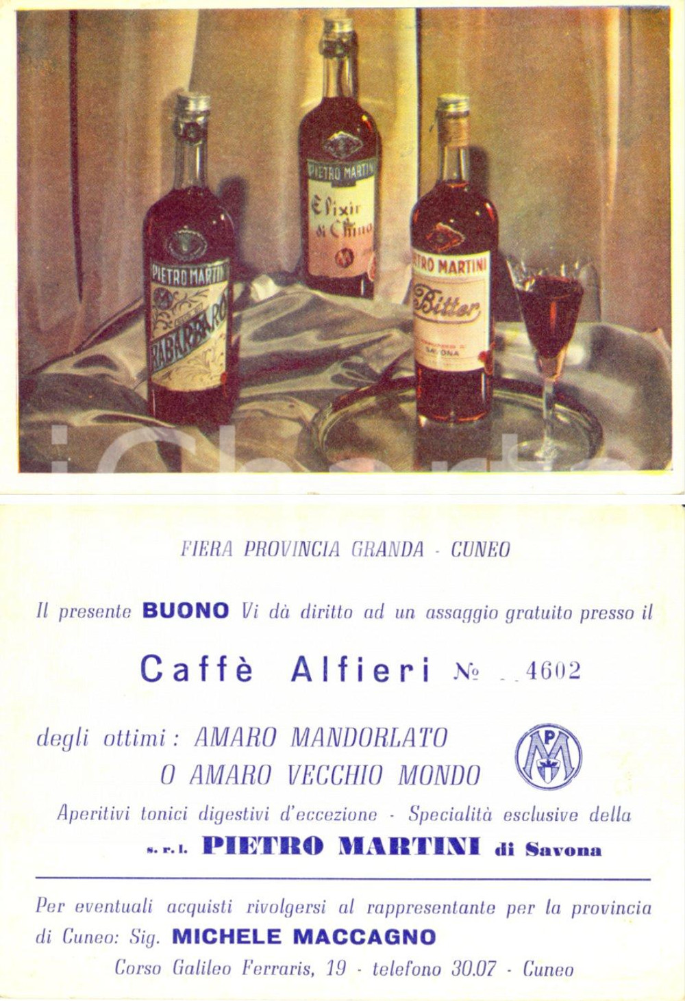 Cartolina originale da collezione 1950 ca CUNEO Amari Pietro MARTINI buono assaggio CAFFE  ALFIERI Cartoncino FG 1