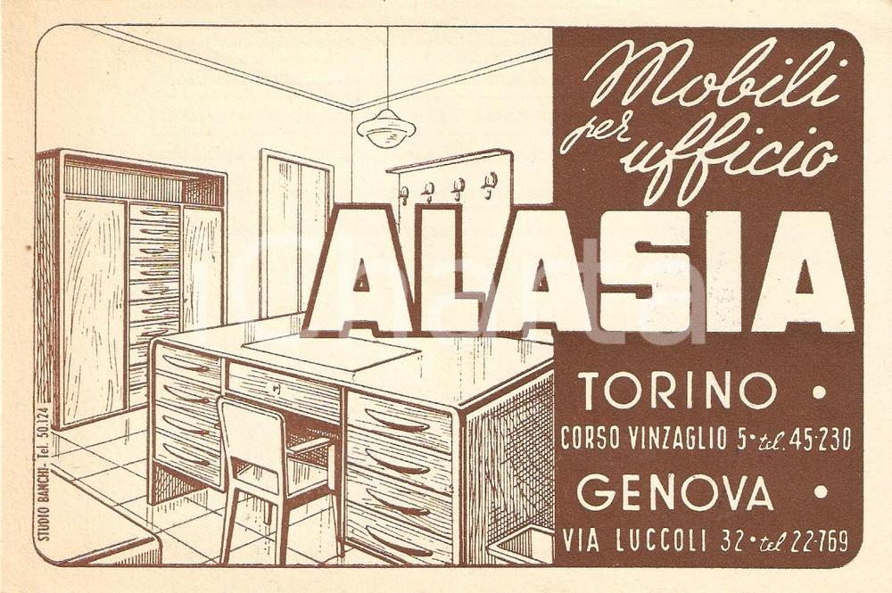 Oggetto da collezione cartaceo 1950 ca TORINO Mobili per ufficio ALASIA Biglietto ILLUSTRATO 14x10 cm 1