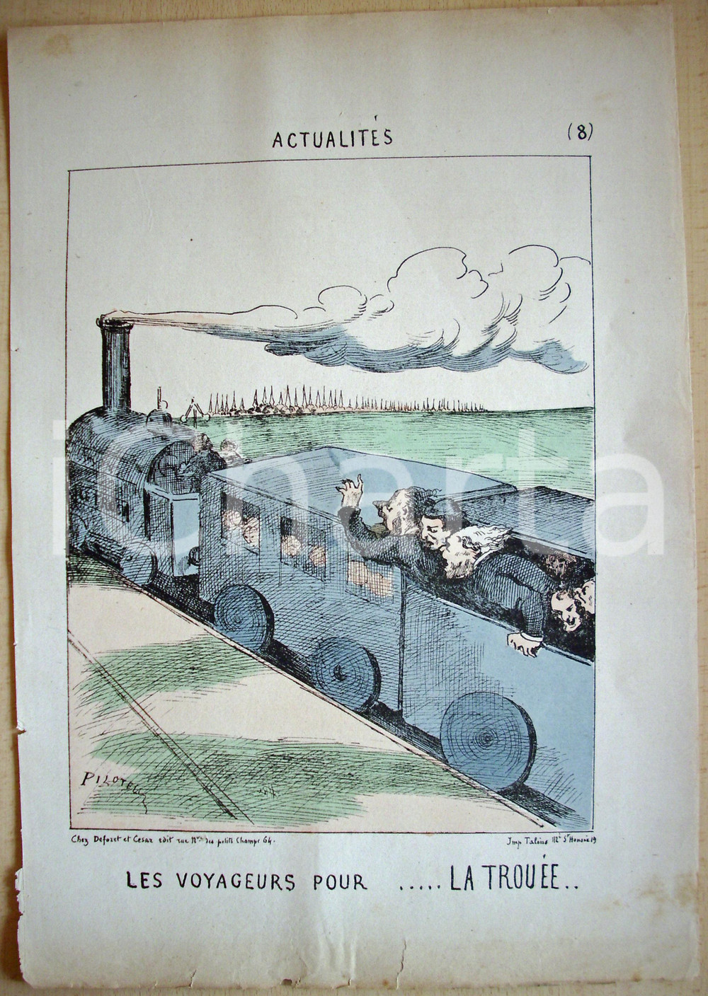 Stampa, bozzetto originale 1871 Caricatura Il treno per LA TROUEE Illus. PILOTELL 1