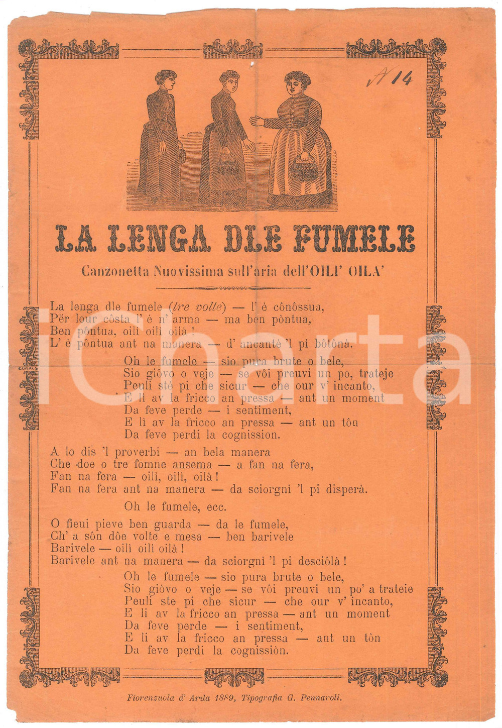 Oggetto da collezione cartaceo 1889 FIORENZUOLA D ARDA La lenga dele fumele  Canzone dialetto piacentino 1