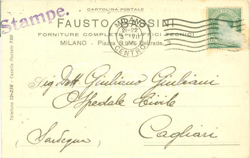 Cartolina originale da collezione 1919 MILANO Fausto BASSINI Forniture complete per uffici tecnici Cartolina FP VG 1