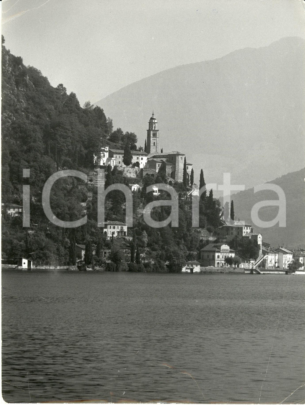 Fotografia d epoca originale 1960 ca MORCOTE CH LAGO LUGANO Chiesa MADONNA DEL SASSO e cimitero DANNEGGIATA 1