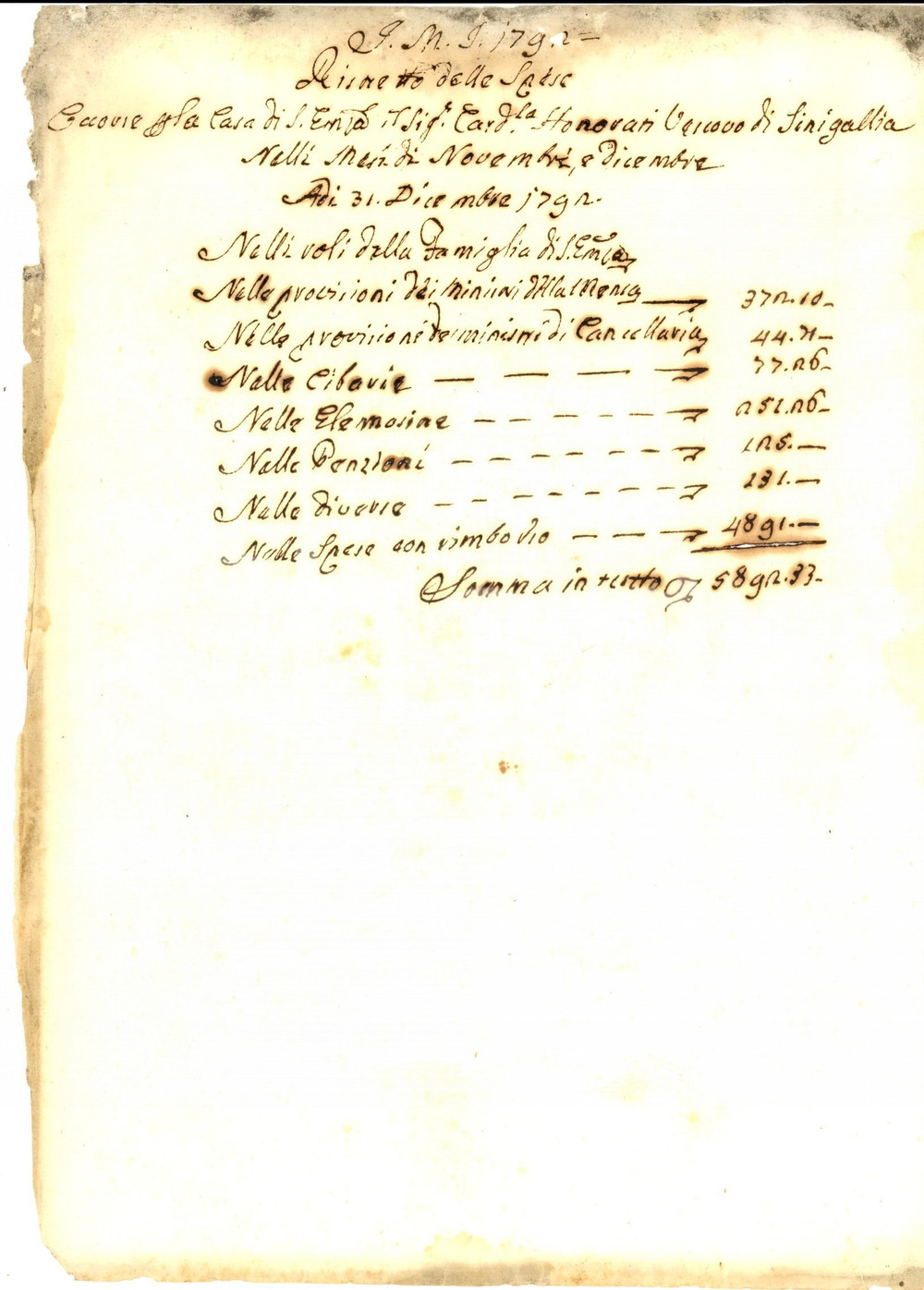 Documento originale, autentico 1792 SENIGALLIA Spese monsignor Bernardo HONORATI per casa ed elemosine 1