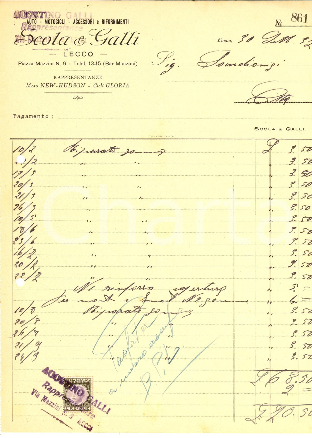 Documento originale, autentico 1937 LECCO Ditta SCOLA & GALLI Auto e motocicli *Fattura intestata 1