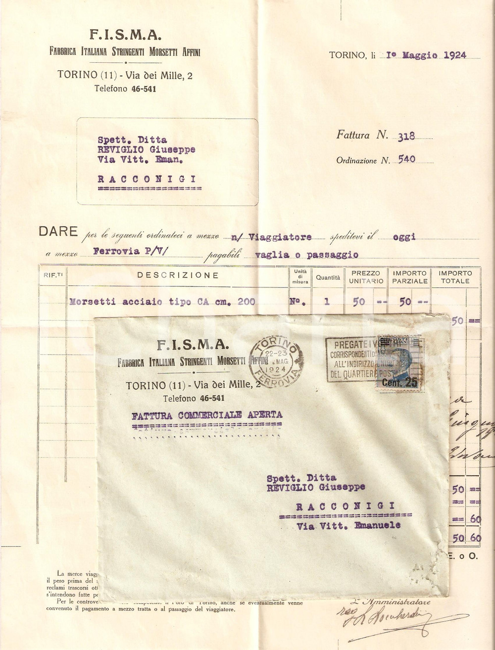 Documento originale, autentico 1924 TORINO Fabbrica Italiana Morsetti Affini FISMA Fattura commerciale 1