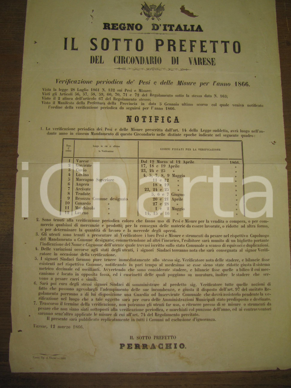 Documento originale, autentico 1866 VARESE verifica pesi e misure del circondario 1