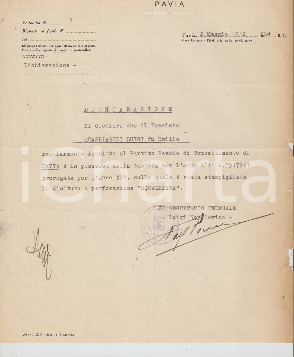 Documento originale, autentico 1942 PNF Pavia - Squadrista Luigi Quagliaroli 1