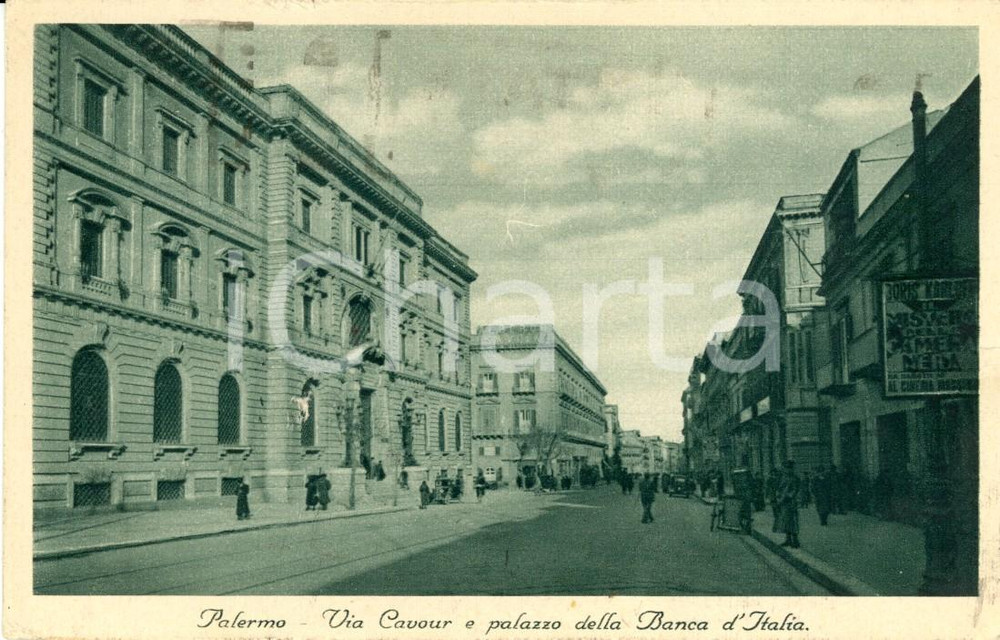 Cartolina originale da collezione 1938 PALERMO Veduta Via CAVOUR e Palazzo Banca d ITALIA Cartolina postale FP VG 1