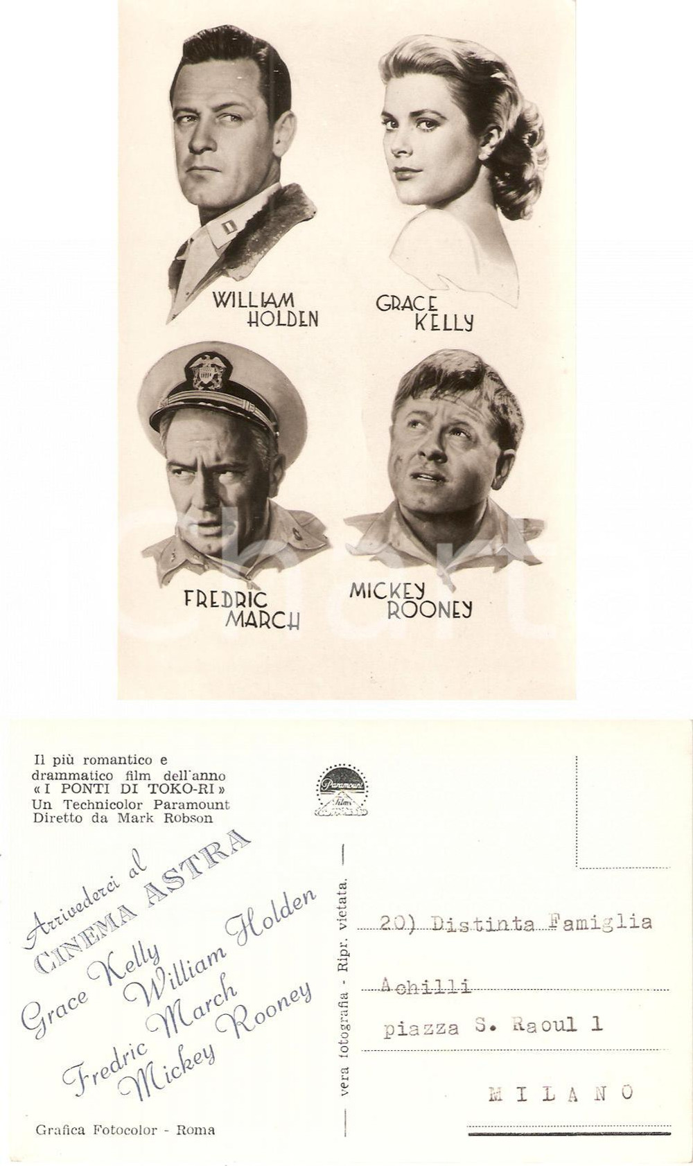 Cartolina originale da collezione 1954 MILANO Cinema Astra PONTI DI TOKO-RI William HOLDEN Grace KELLY *Cartolina 1