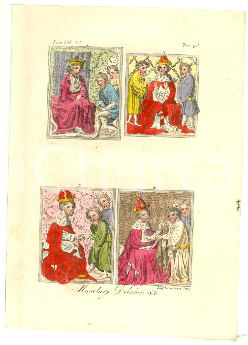 Stampa, bozzetto originale 1829 MEDIOEVO Monetari e delatori Incisone MIGLIAVACCA 1