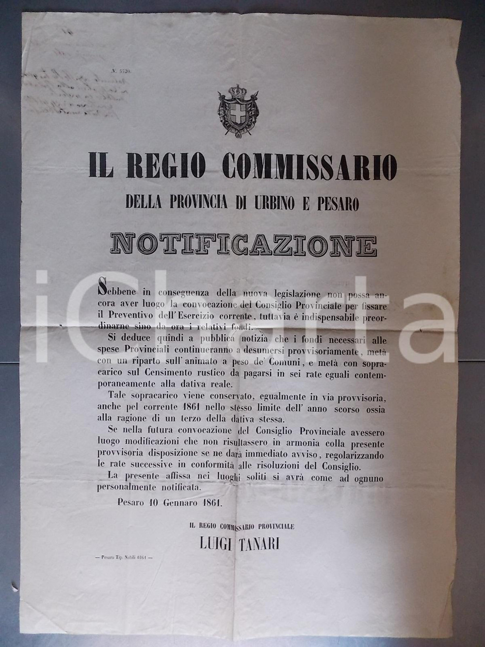 Documento originale, autentico 1861 PESARO Consiglio Provinciale convocato per esercizio corrente Manifesto 1