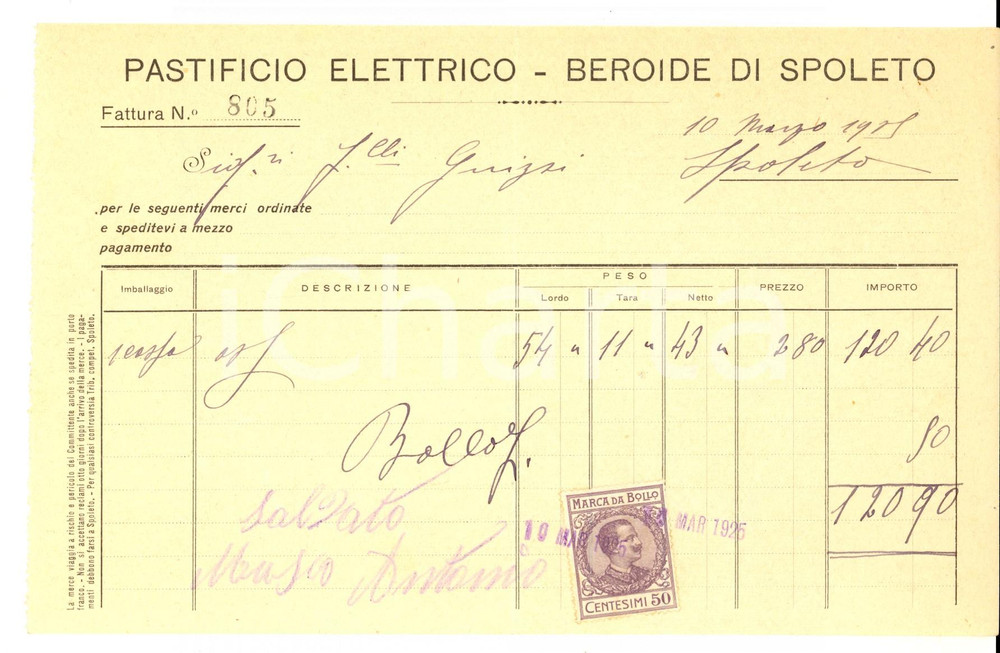 Documento originale, autentico 1925 SPOLETO PG Pastificio elettrico BEROIDE Fattura intestata con bollo 1