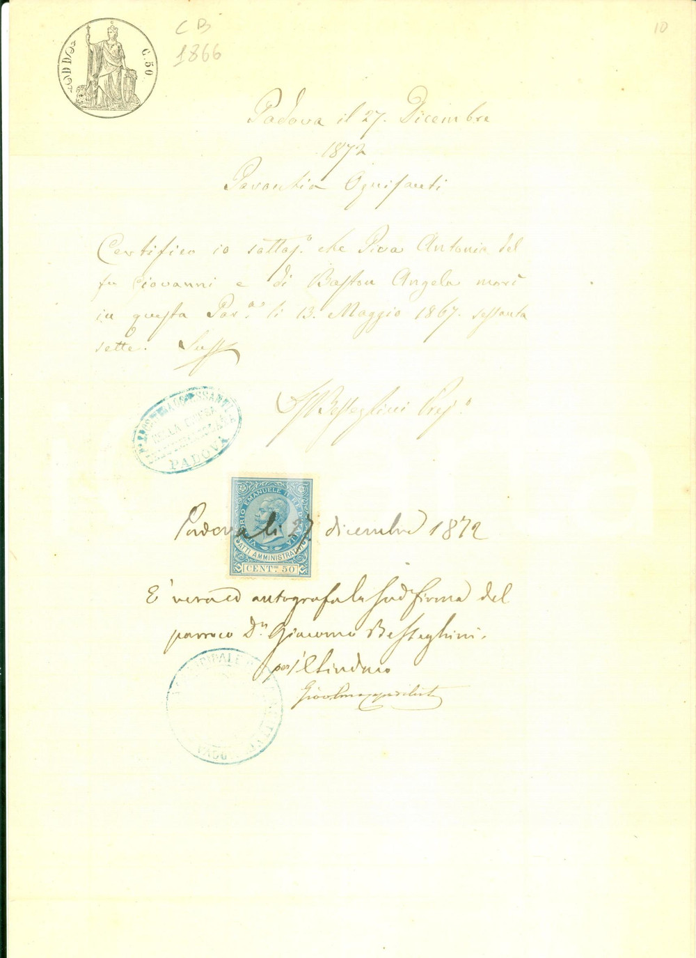 Documento originale, autentico 1872 PADOVA Certificato di morte di Antonia PIVA Documento 1