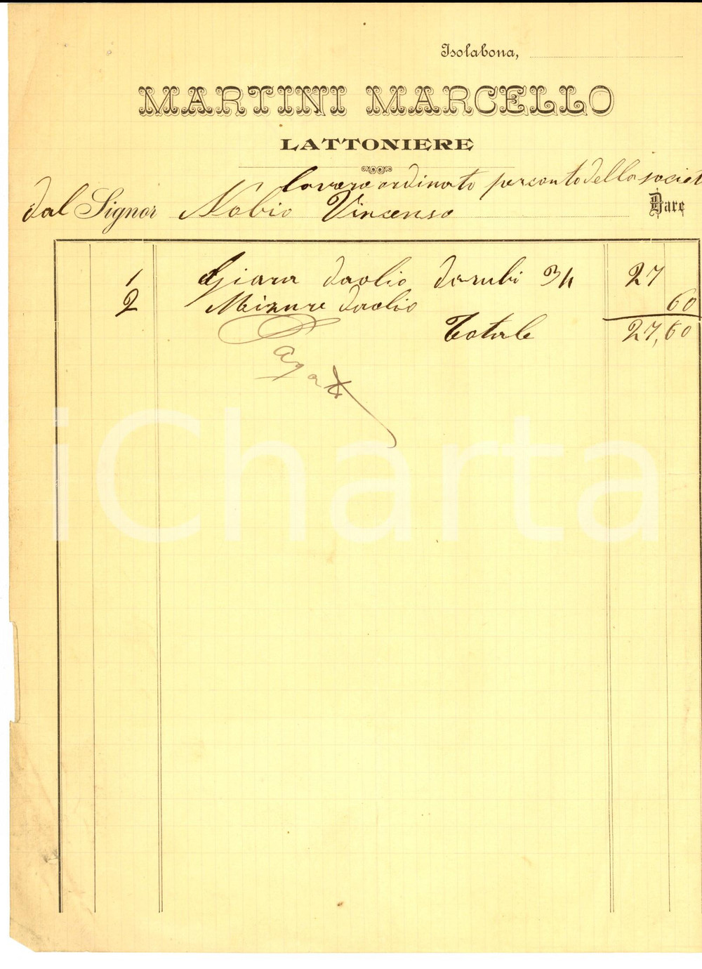 Documento originale, autentico 1900 ca ISOLABONA IM Marcello MARTINI lattoniere Fattura per giara da olio 1