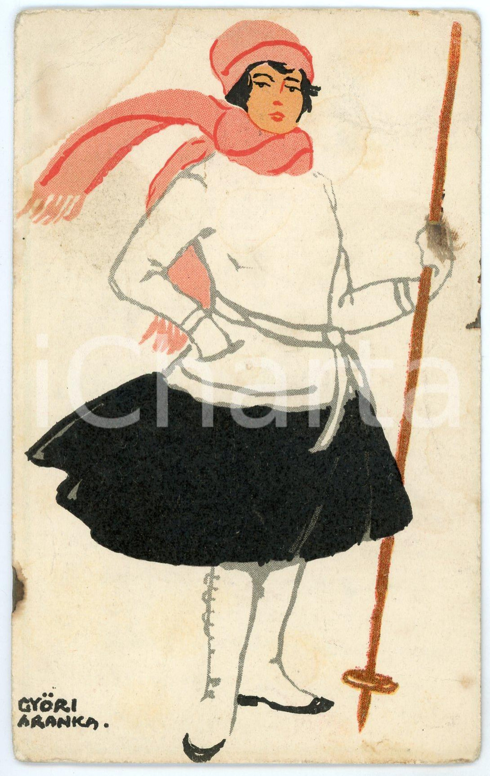 1922 HUNGARY Artist GyÅ‘ri ARANKA - Woman skier - SÃ­elÅ‘ hÃ¶lgy *Postcard  Cartolina postale d'epoca, viaggiata.CONDIZIONI: P (piegature angolari e macchie di umidit&agrave;)FORMATO: FP     originale e autentica 1