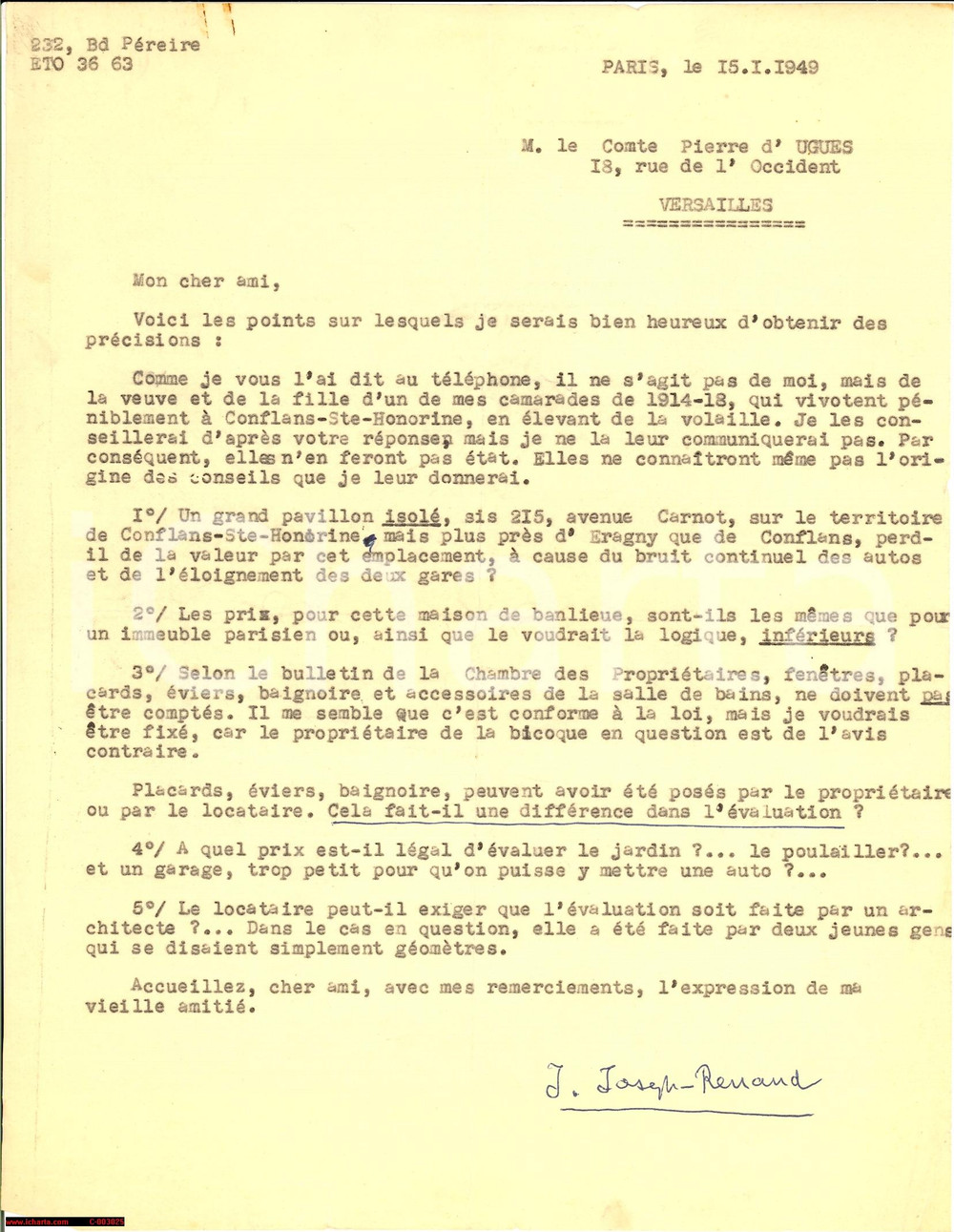 Autografo originale 1949 PARIS Jean JOSEPH-RENAUD pro orfani di un commilitone *Autografo 1