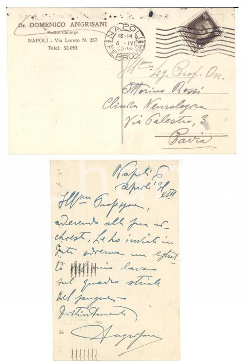Autografo originale 1935 NAPOLI Chirurgo Domenico ANGRISANI al prof. Ottorino ROSSI *Autografo 1