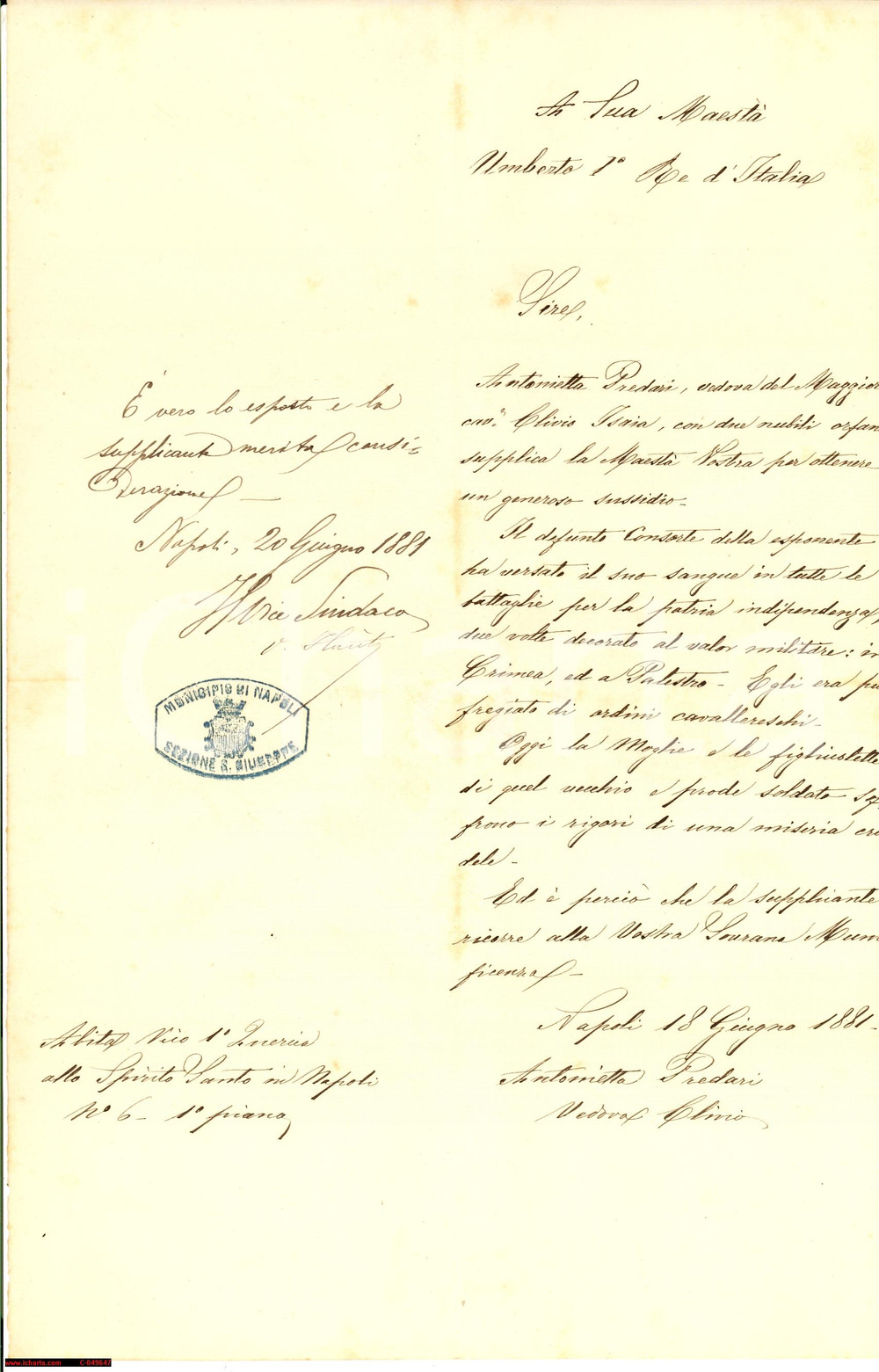 Documento originale, autentico 1881 NAPOLI Sussidio Antonietta PREDARI vedova patriota 1