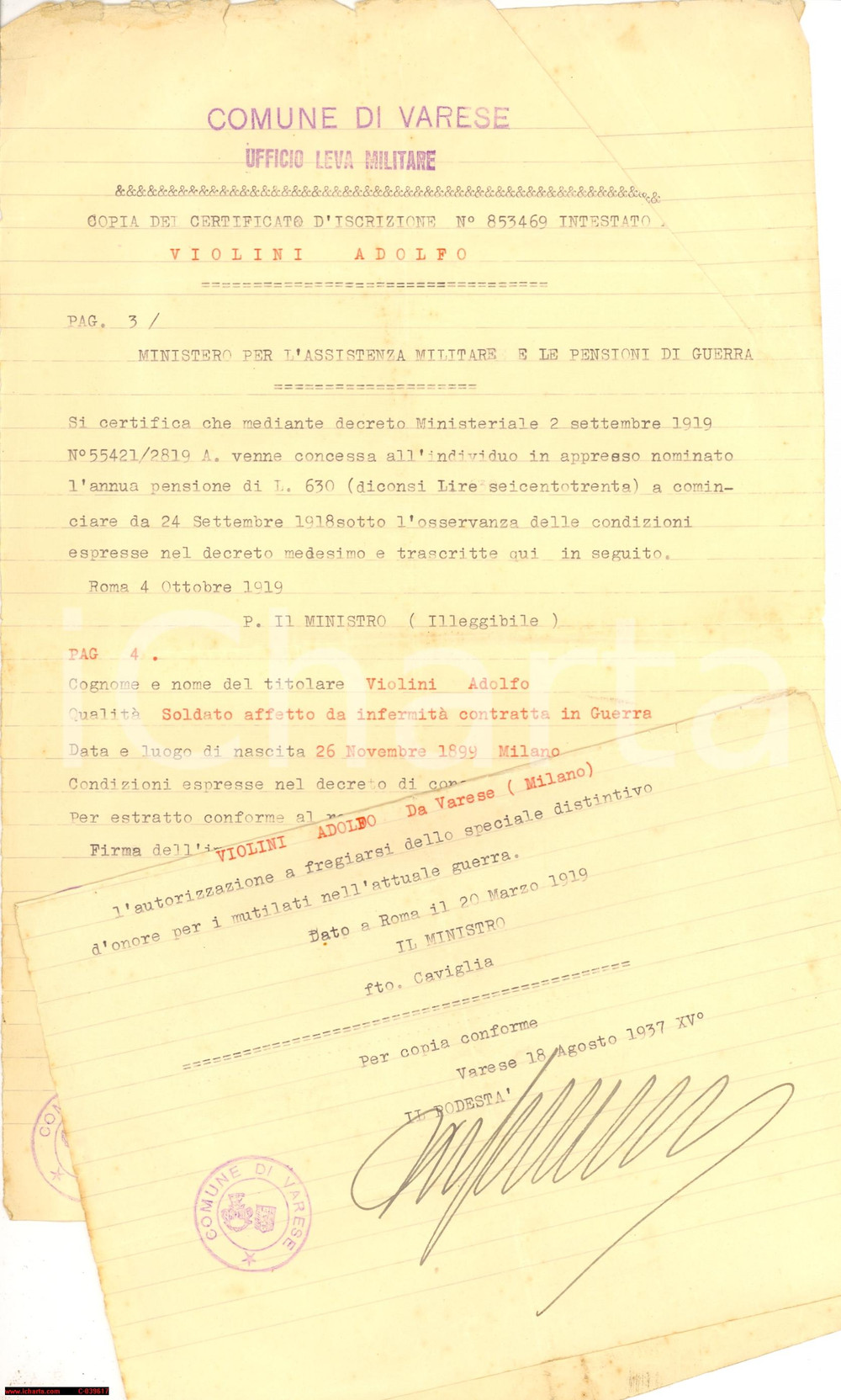 Documento originale, autentico 1937 VARESE distintivo mutilato guerra ADOLFO VIOLINI 1