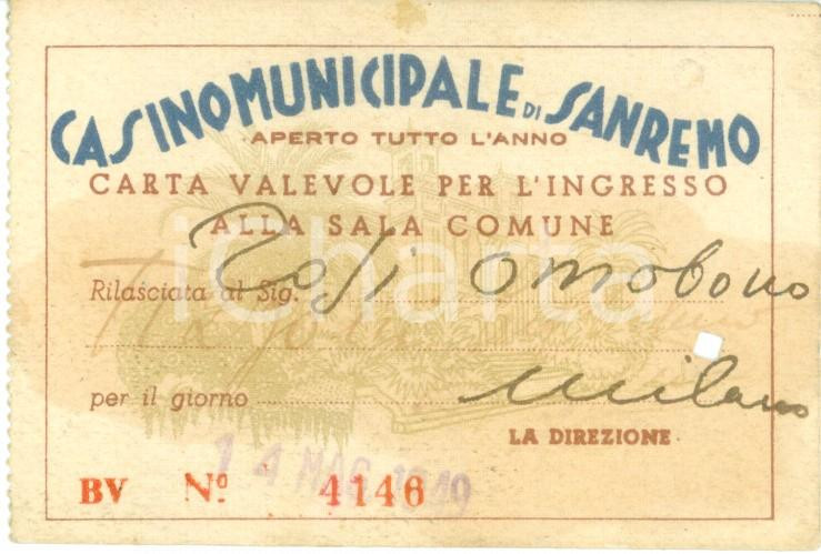Oggetto da collezione cartaceo 1949 SANREMO IM Casinò municipale Biglietto d ingresso per sala comune 1