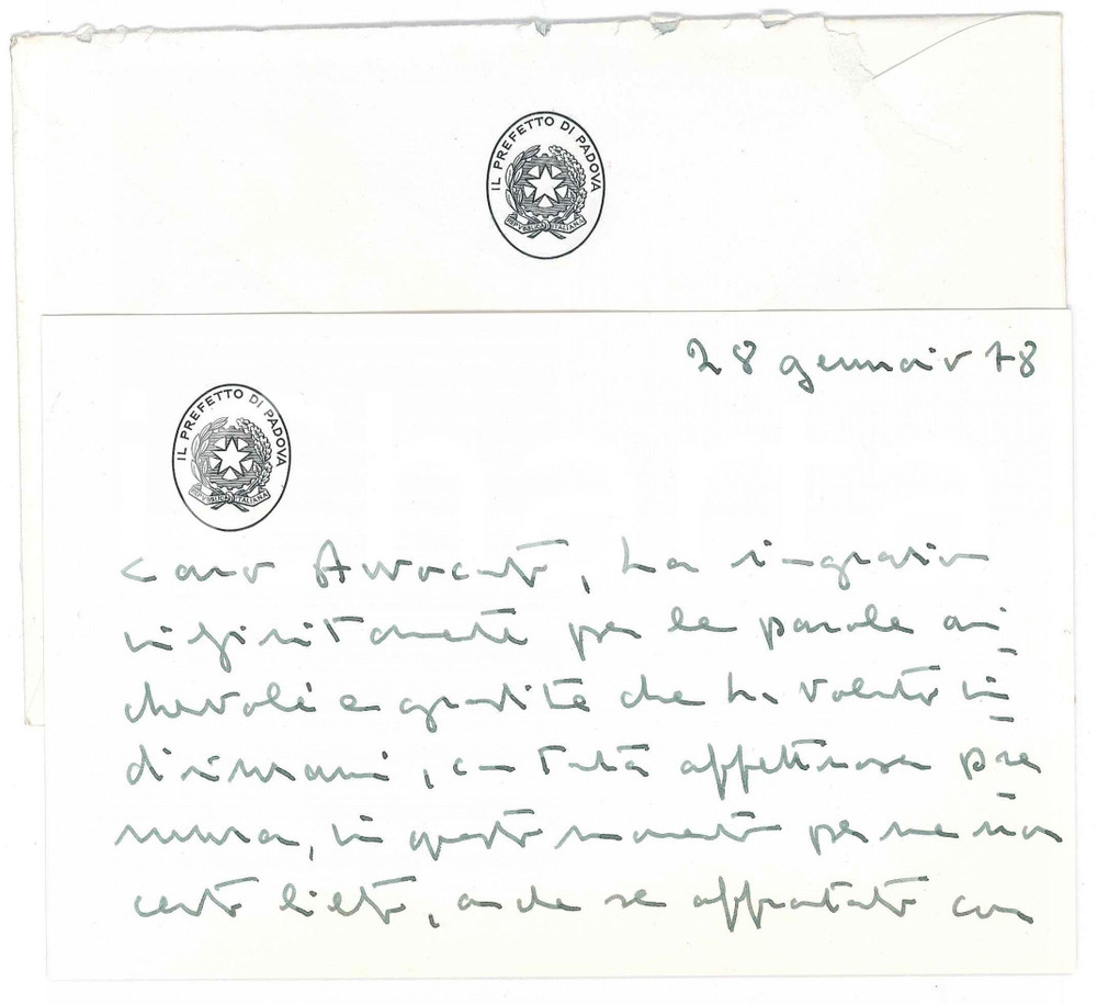 Autografo originale 1978 PADOVA Prefetto Gustavo GIGLI  Biglietto di ringraziamento  AUTOGRAFO 1