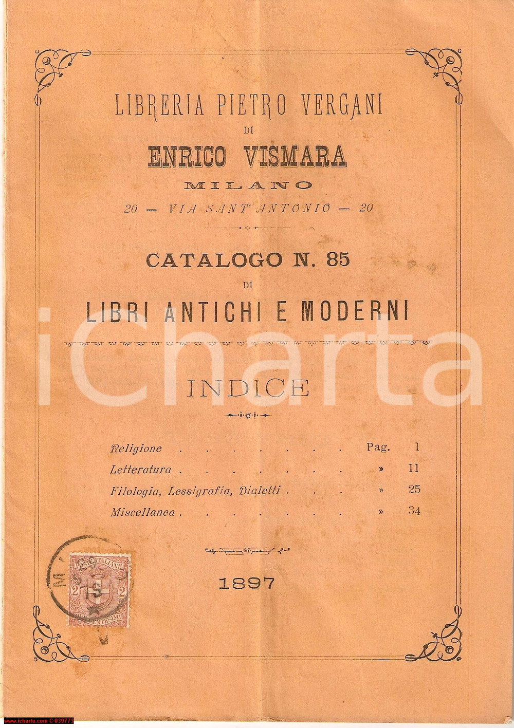 Oggetto da collezione cartaceo 1897 MILANO Via Sant Antonio 20 Catalogo della  Libreria PIETRO VERGANI raro 1