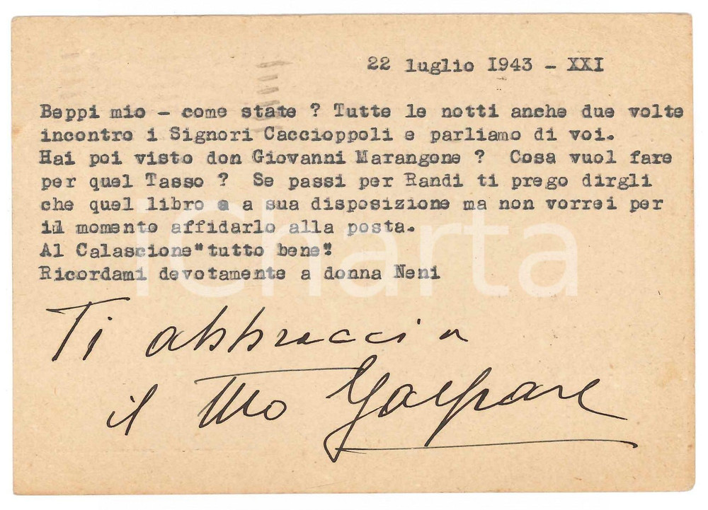 Autografo originale 1943 NAPOLI Cartolina Gaspare CASELLA per libro a disposizione  Autografo 1