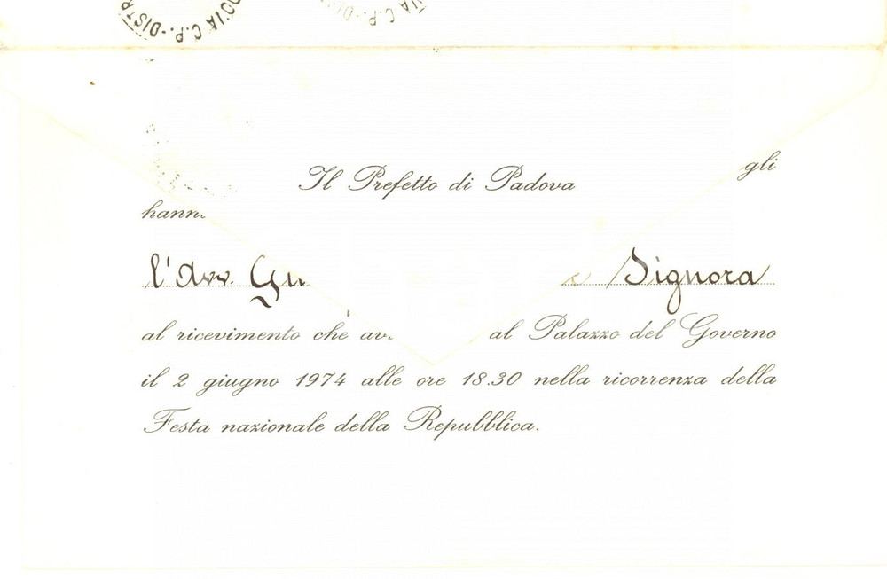 1974 PADOVA festa della Repubblica - Biglietto di invito del Prefetto