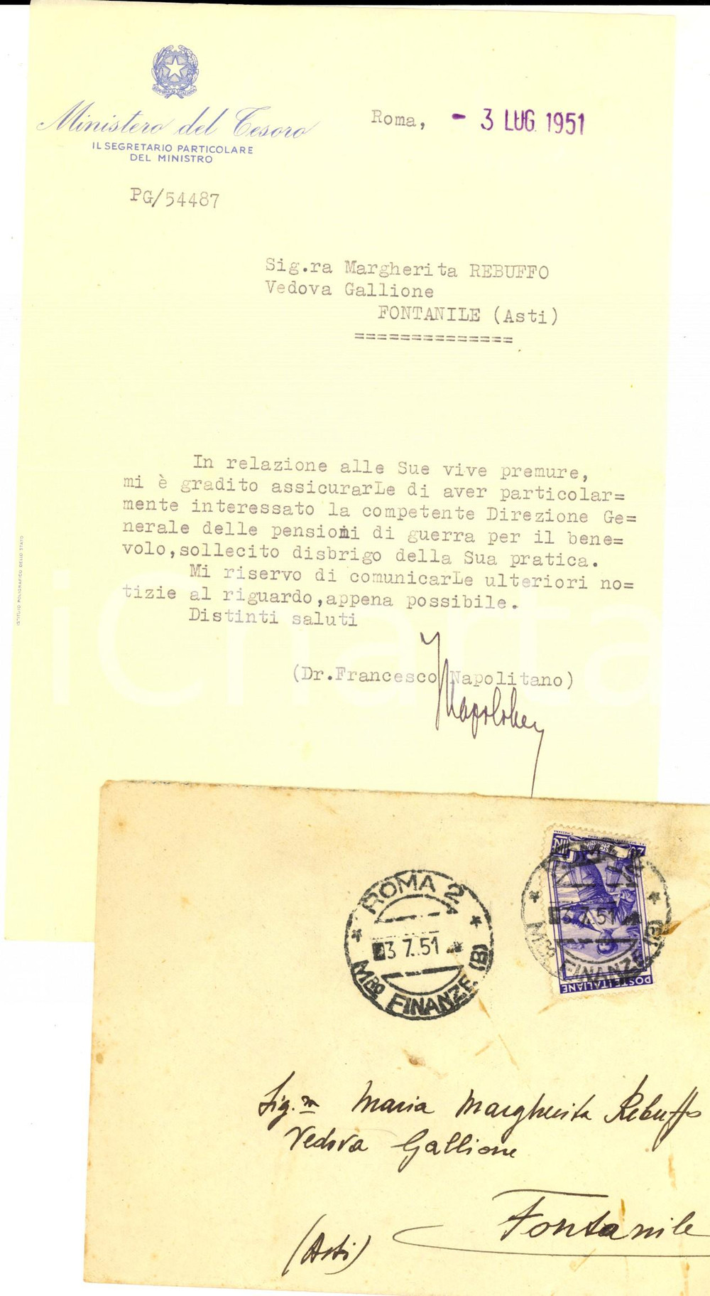 Autografo originale 1951 MINISTERO DEL TESORO Lettera Francesco NAPOLITANO segretario particolare 1