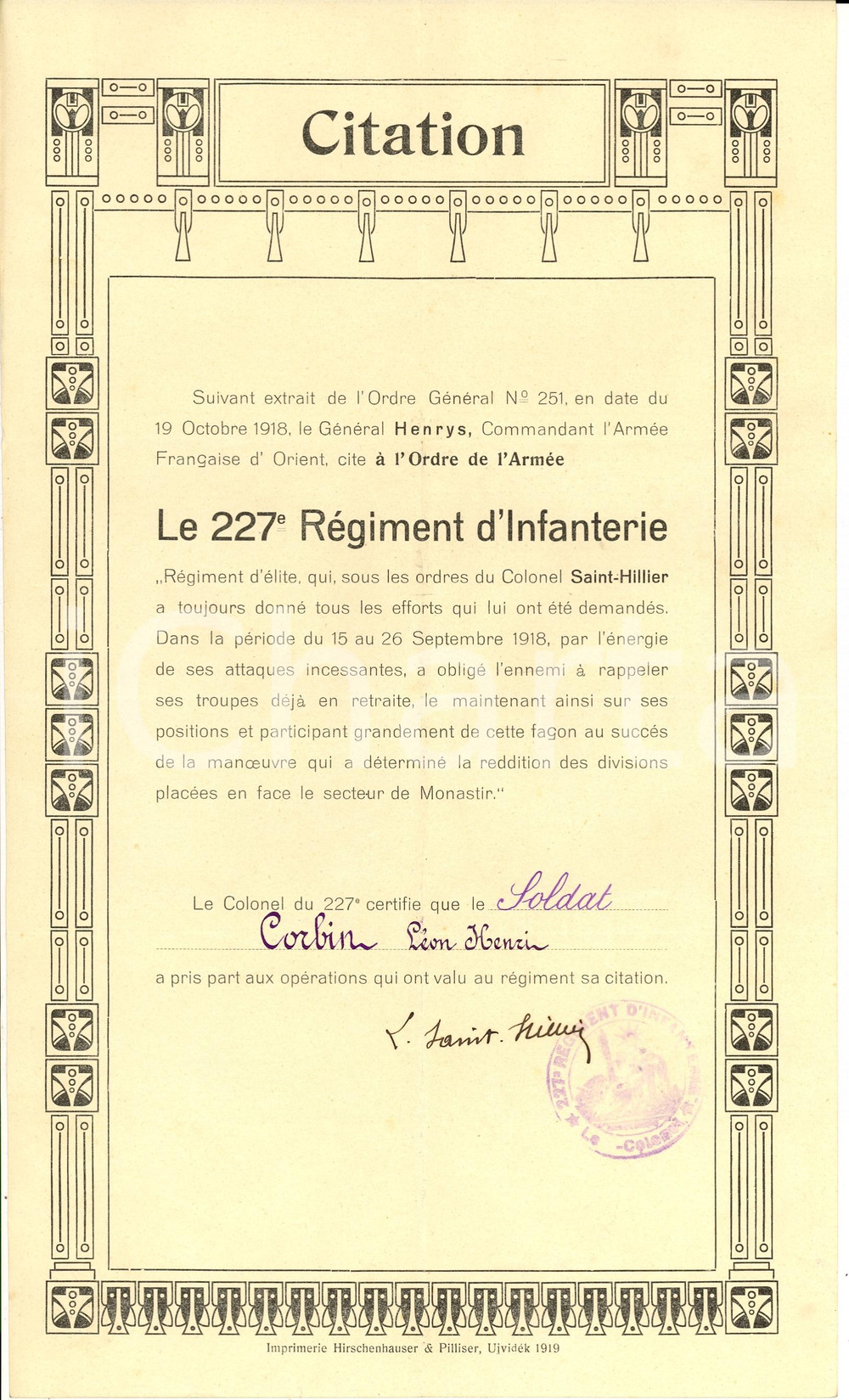 Documento originale, autentico 1918 MONASTIR CA LÃ©on Henri CORBIN soldato valoroso 1