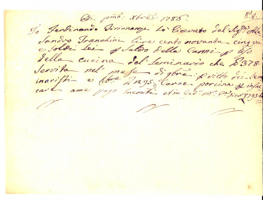 Documento originale, autentico 1786 SAN MINIATO Saldo a Ferdinando TIRINNANZI per carne ai seminaristi 1