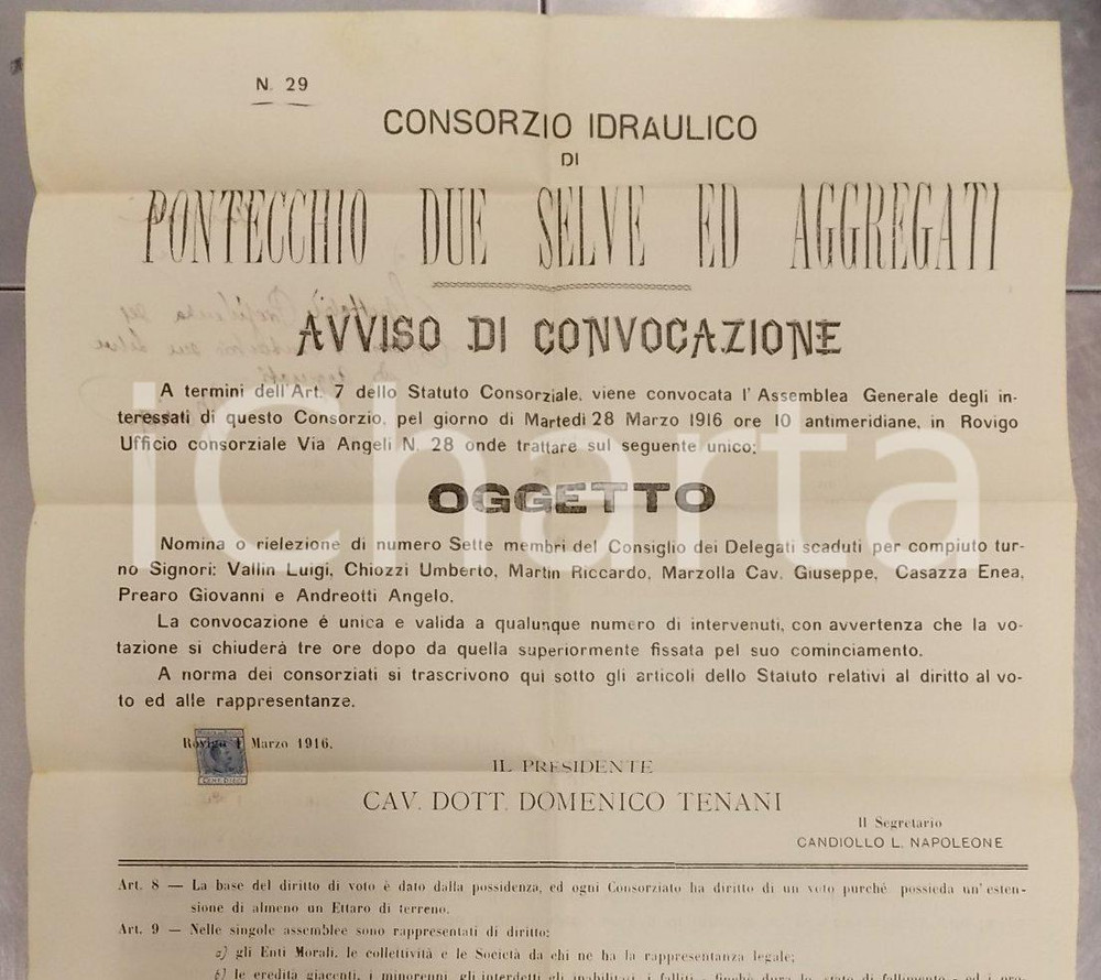 Documento originale, autentico 1916 ROVIGO Assemblea Consorzio PONTECCHIO DUE SELVE nomina delegati *Manifesto 1