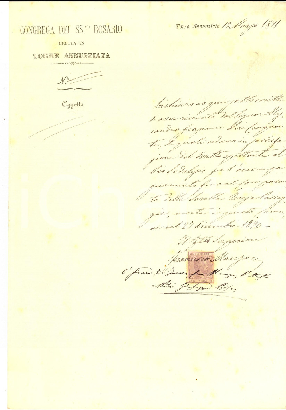 Documento originale, autentico 1891 TORRE ANNUNZIATA Congrega SS.MO ROSARIO Ricevuta esequie Teresa PASSEGGIA 1